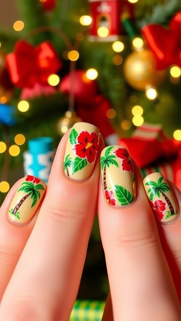 Hawaiian Christmas Nail Art Design Hawaiian Christmas nail art with red and green colors, featuring palm trees and hibiscus flowers.